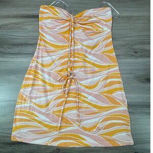 Hollister Womens Strapless Mini Dress Orange Pink Abstract Swirl Ruched Small